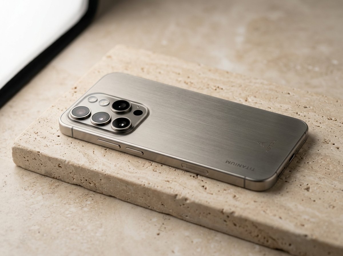 Aether X1 Titanium 5G Flagship Smartphone on travertine surface